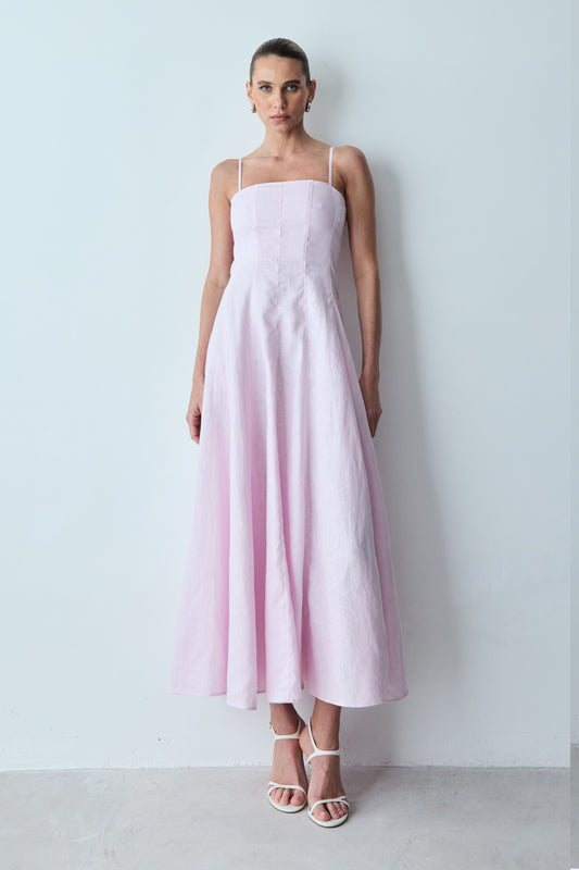 VESTIDO MIDI PESPONTOS FINOS E  DECOTE RETO ROSA BEBE
