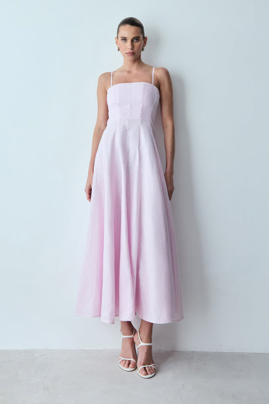 VESTIDO MIDI PESPONTOS FINOS E  DECOTE RETO ROSA BEBE