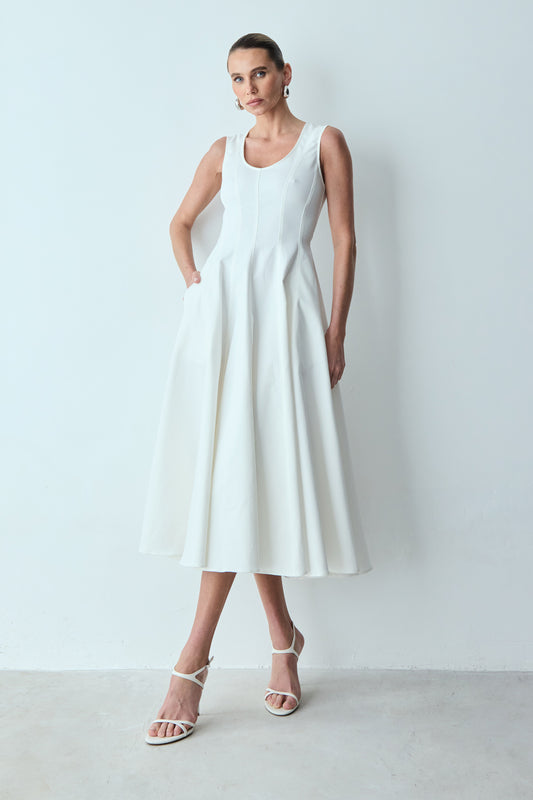 VESTIDO MIDI SAIA GODE COM RECORTES FRONTAL OFF WHITE