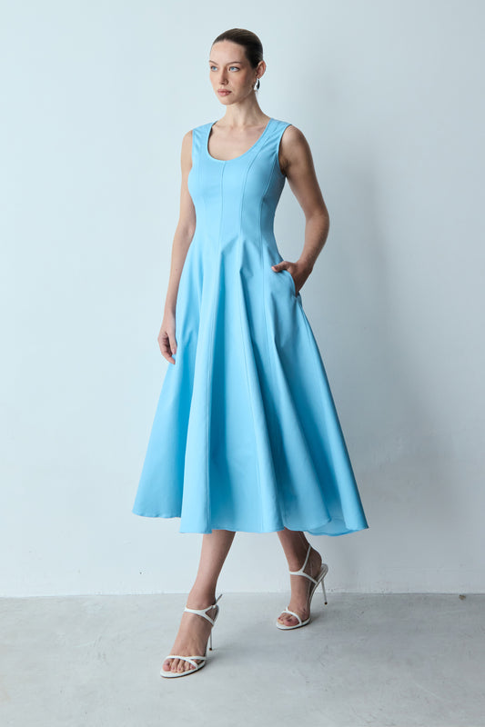 VESTIDO MIDI SAIA GODE COM RECORTES FRONTAL AZUL OCEANO