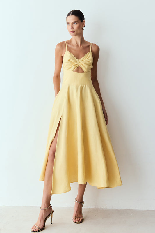 VESTIDO MIDI TORCAO BUSTO E RECORTE FRONTAL CINTURA AMARELO MANTEIGA