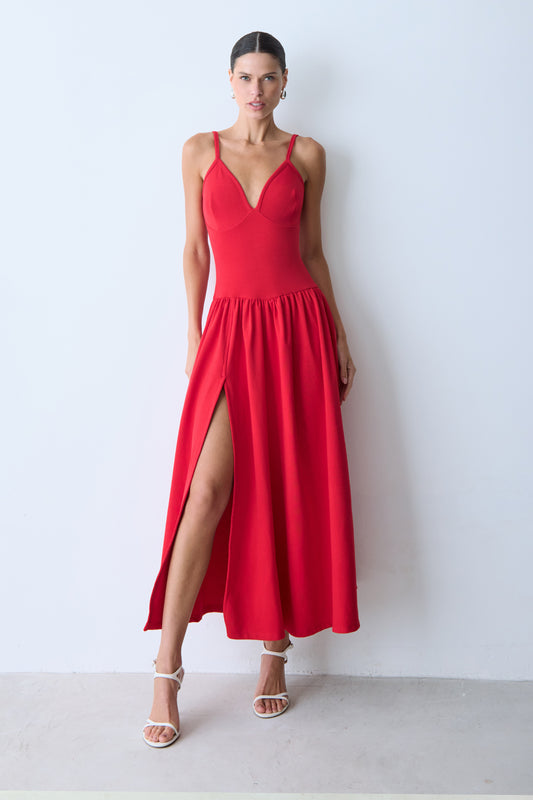 VESTIDO MIDI ACINTURADO RECORTE BUSTO FRAZIDOS SAIA VERMELHO
