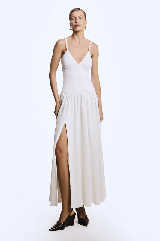 VESTIDO MIDI ACINTURADO RECORTE BUSTO FRAZIDOS SAIA OFF WHITE