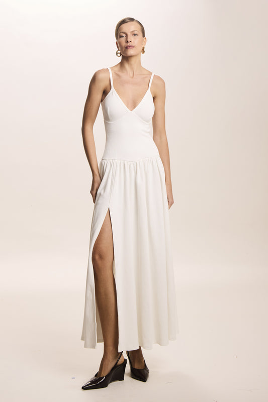 VESTIDO MIDI ACINTURADO RECORTE BUSTO FRAZIDOS SAIA OFF WHITE