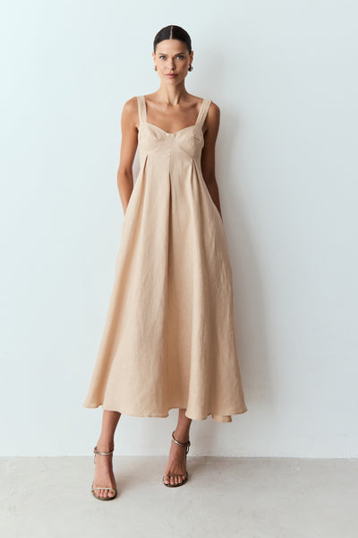 VESTIDO MIDI COM PREGAS COSTAS ABERTAS E AMARRACAO KAKI CLARO