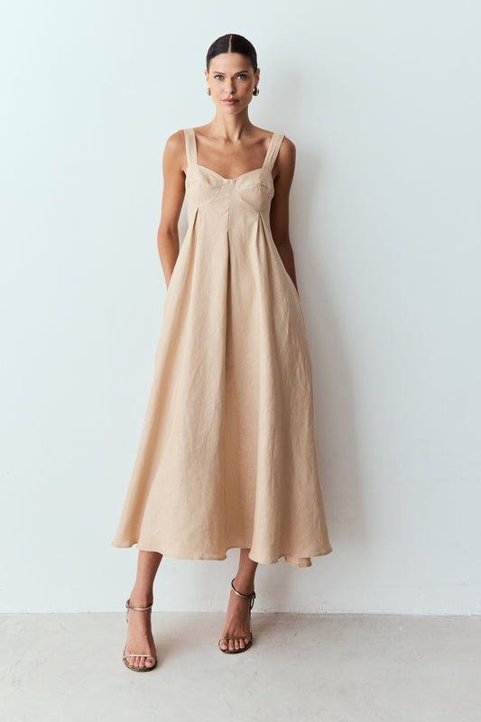 VESTIDO MIDI COM PREGAS COSTAS ABERTAS E AMARRACAO KAKI CLARO