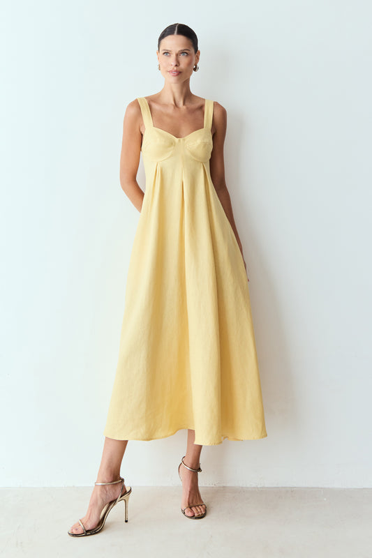 VESTIDO MIDI COM PREGAS COSTAS ABERTAS E AMARRACAO AMARELO MANTEIGA