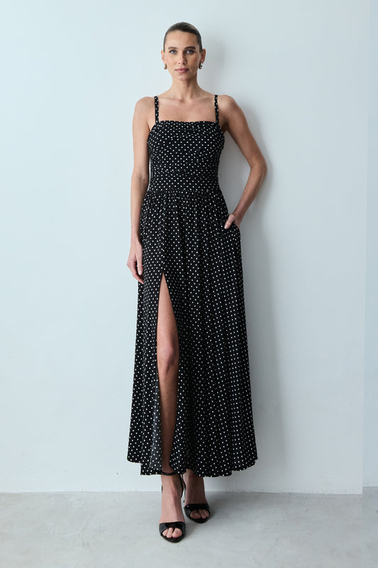 VESTIDO MIDI COM DRAPEADOS BUSTO ALCAS MEDIAS PRETO