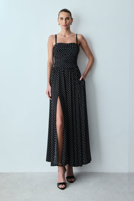 VESTIDO MIDI ALÇAS FINAS E FENDA LATERAL POÁ PRETO