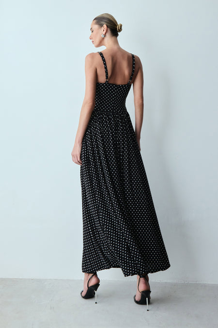 VESTIDO MIDI ALÇAS FINAS E FENDA LATERAL POÁ PRETO