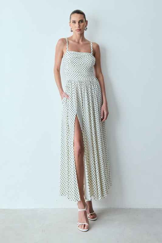 VESTIDO MIDI COM DRAPEADOS BUSTO ALCAS MEDIAS OFF WHITE