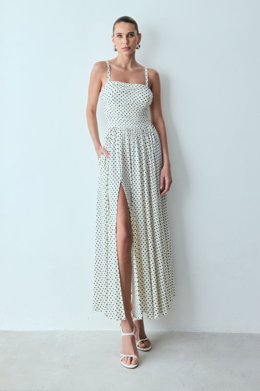 VESTIDO MIDI ALÇAS FINAS E FENDA LATERAL POÁ OFF WHITE