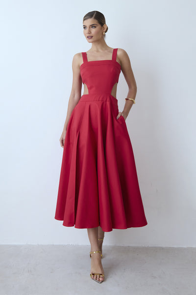 VESTIDO MIDI COM DECOTE RETO E ABERTURA LATERAIS VERMELHO