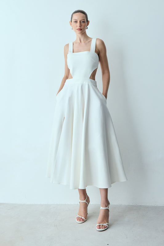 VESTIDO MIDI COM DECOTE RETO E ABERTURA LATERAIS OFF WHITE