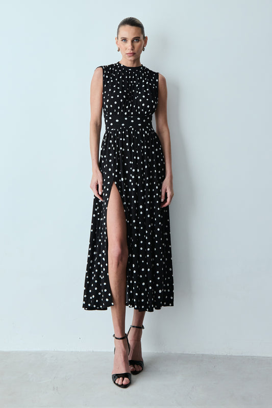 VESTIDO MIDI FRANZIDOS OMBROS COS LARGO SAIA AMPLA PRETO