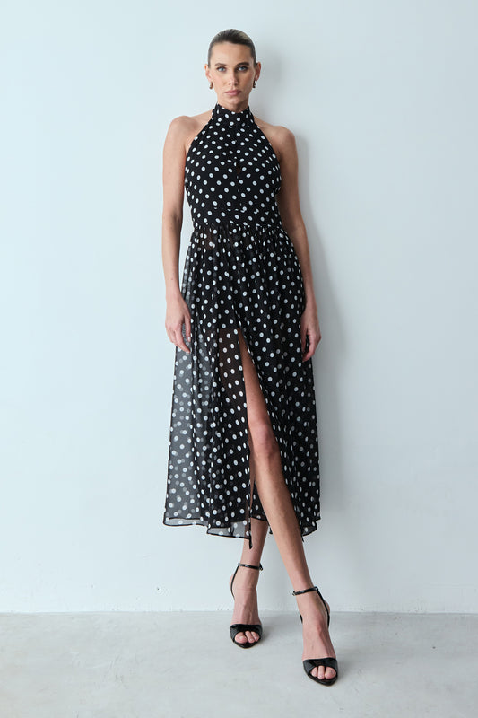 VESTIDO LONGO FRENTE UNICA ABERTURA MEIO BUSTO PRETO