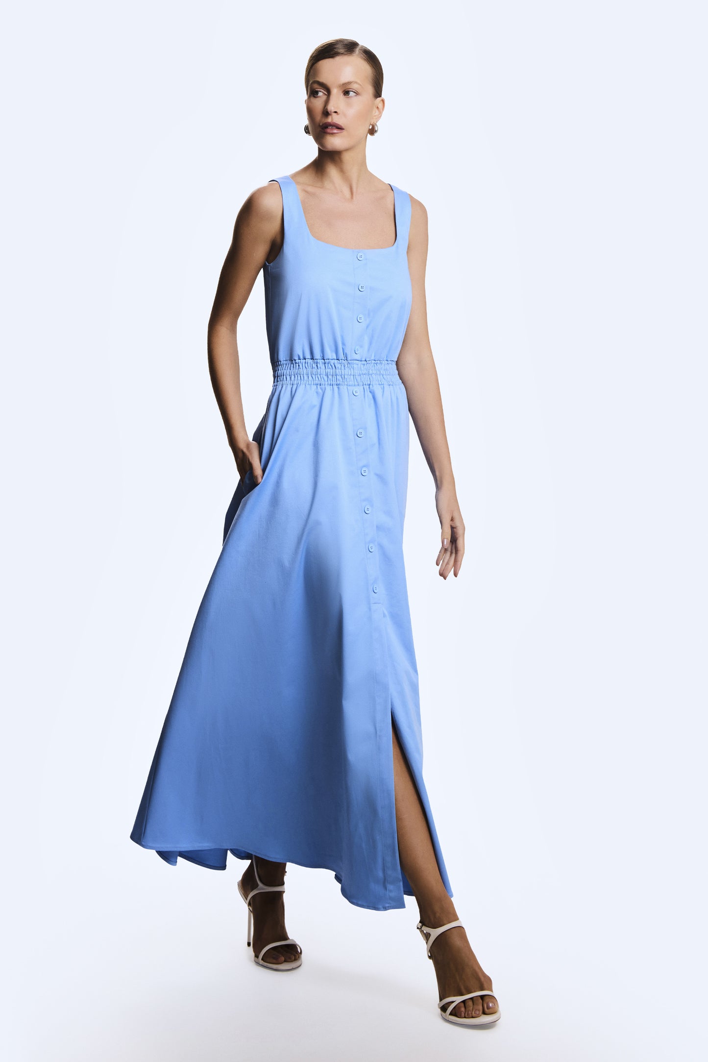 VESTIDO MIDI ELASTICO NA CINTURA E  BOTOES FRONTAL AZUL MEDITERRANEO