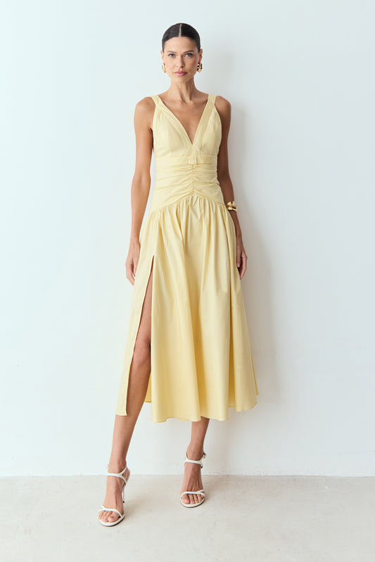 VESTIDO MIDI FRANZIDO FRENTE E COSTAS DETALHE LAÇO AMARELO MANTEIGA