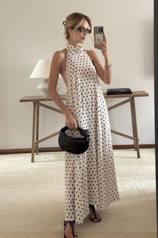 VESTIDO MIDI FRENTE UNICA GOLA ALTA CAIMENTO AMPLO BRANCO COM PRETO