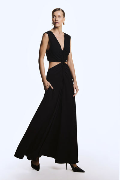 VESTIDO LONGO CRUZADO COSTAS FRANZIDO FRONTAL PRETO
