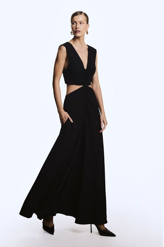 VESTIDO LONGO CRUZADO COSTAS FRANZIDO FRONTAL PRETO
