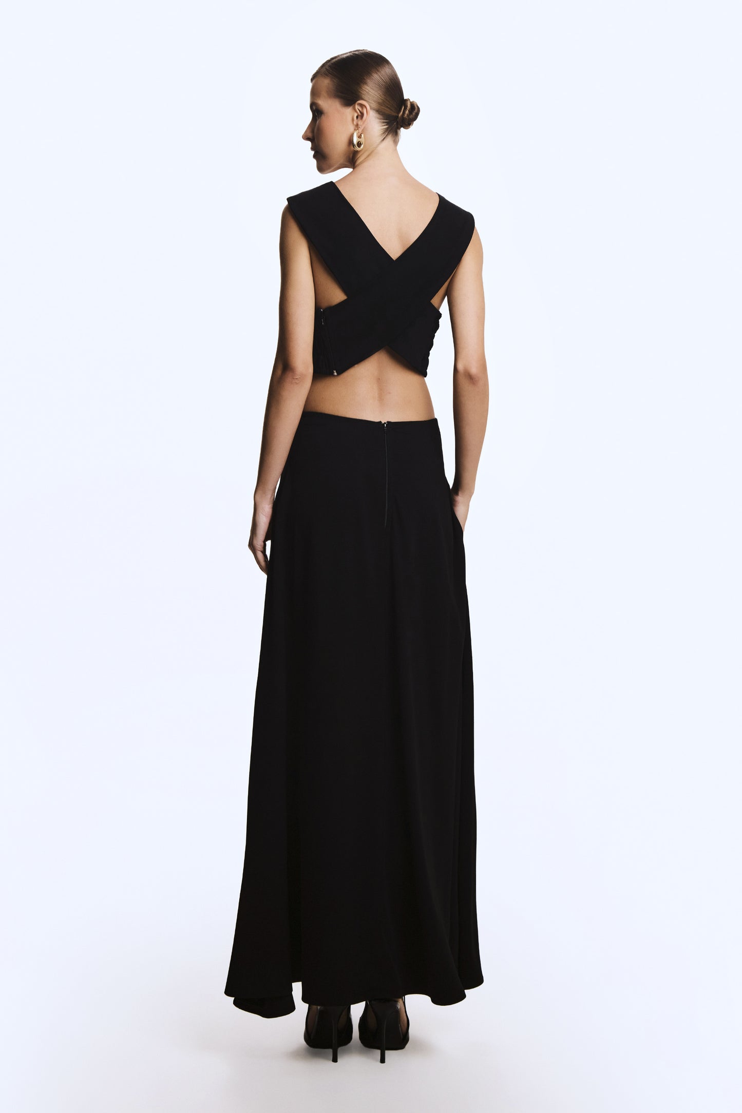 VESTIDO LONGO CRUZADO COSTAS FRANZIDO FRONTAL PRETO