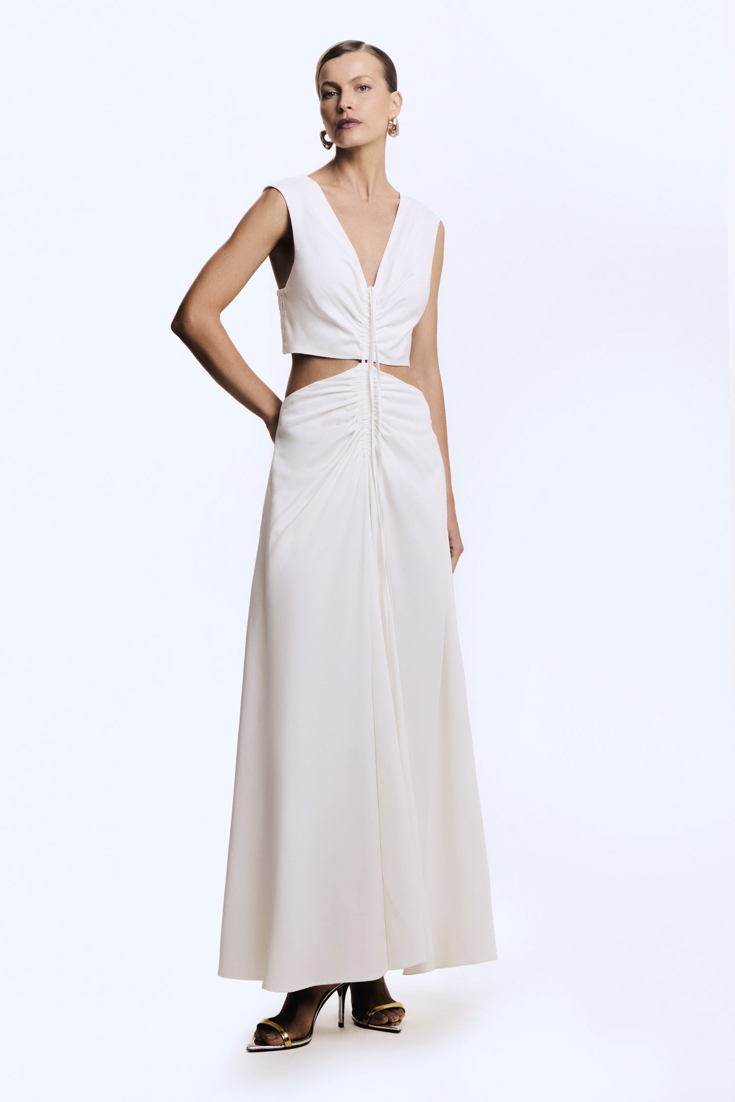 VESTIDO LONGO CRUZADO COSTAS FRANZIDO FRONTAL OFF WHITE