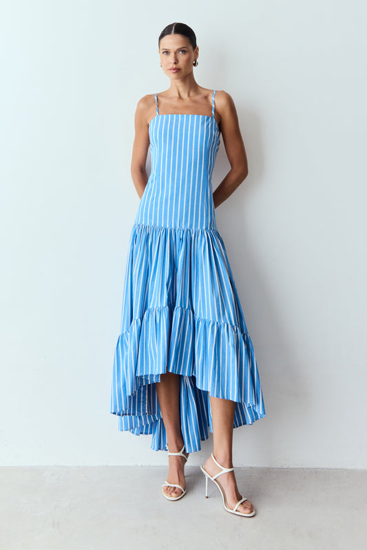 VESTIDO MULLET DECOTE RETO BARRA AMPLA ALCA FINA AZUL