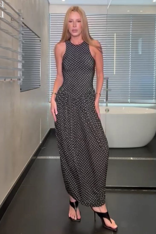 VESTIDO LONGO FRANZIDOS CINTURA POÁ PRETO