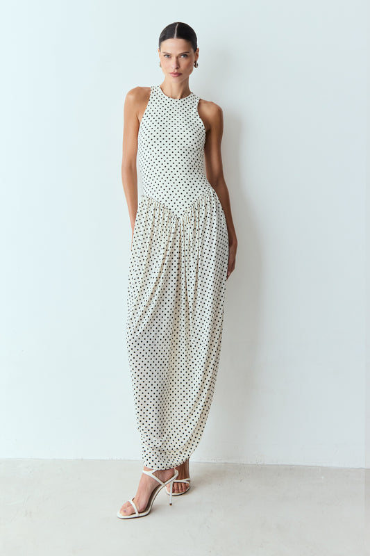 VESTIDO LONGO FRANZIDOS CINTURA POÁ OFF WHITE