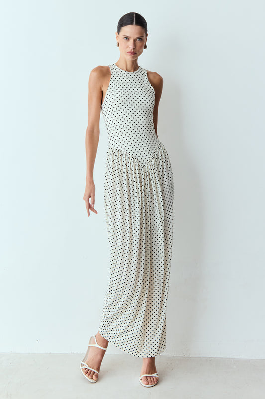 VESTIDO LONGO FRANZIDOS CINTURA POÁ OFF WHITE