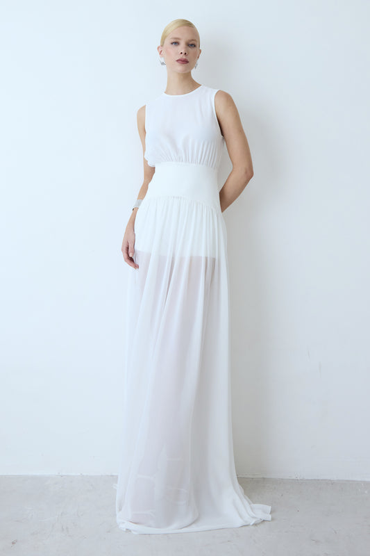 VESTIDO LONGO ACINTURADO CORPO E BARRA FLUIDA OFF WHITE