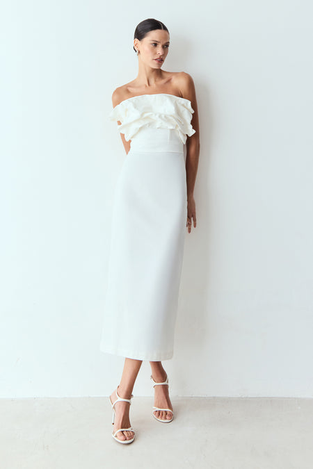 VESTIDO MIDI SOBREPOSICAO DRAPEADA DECOTE OFF WHITE