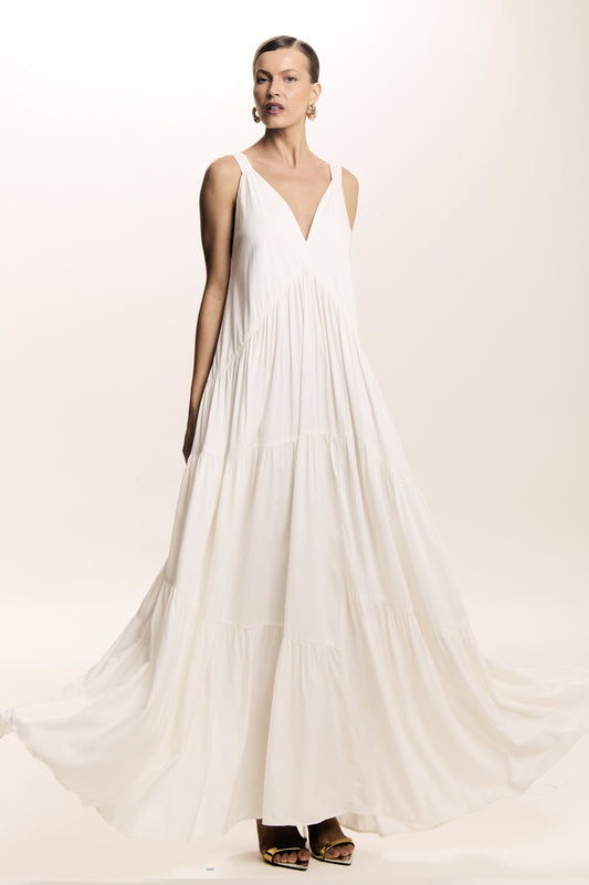 VESTIDO LONGO AMPLO DECOTE V FRENTE E COSTAS OFF WHITE