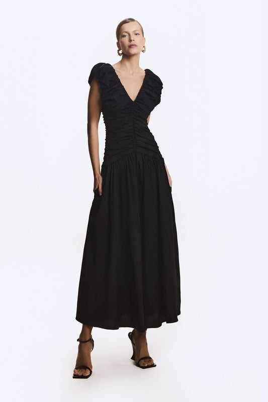 VESTIDO MIDI ALCAS FRANZIDAS COM VOLUME PRETO