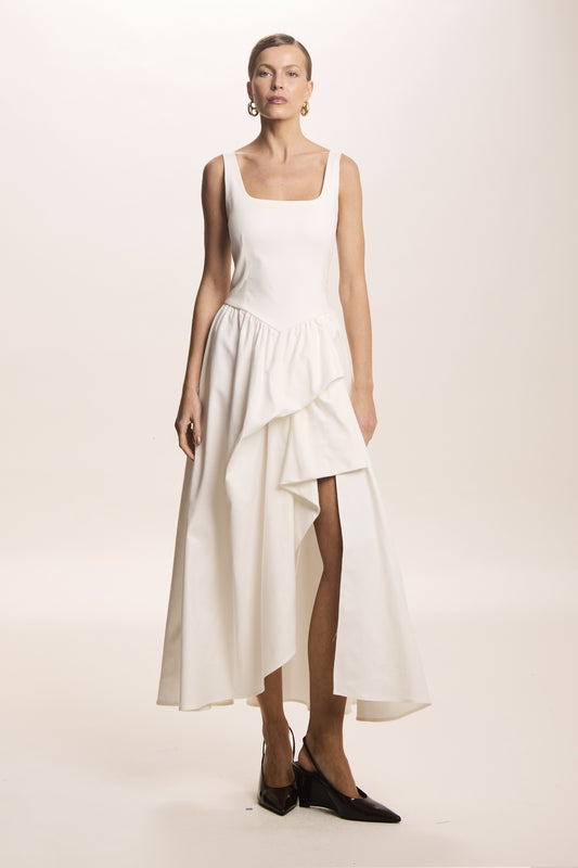 VESTIDO MIDI COM DRAPEADO ASSIMETRICO FRONTAL OFF WHITE