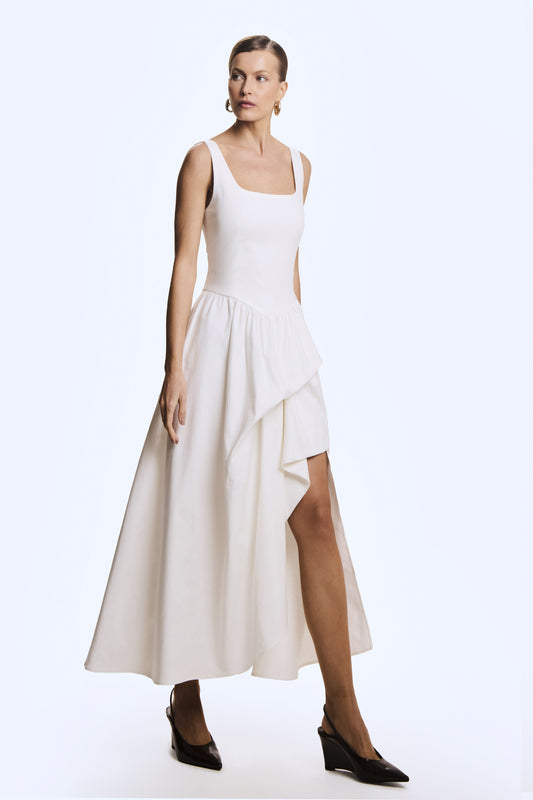VESTIDO MIDI COM DRAPEADO ASSIMETRICO FRONTAL OFF WHITE