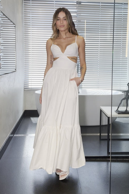 VESTIDO LONGO ABERTURA LATERAL COM RECORTE BUSTO OFF WHITE