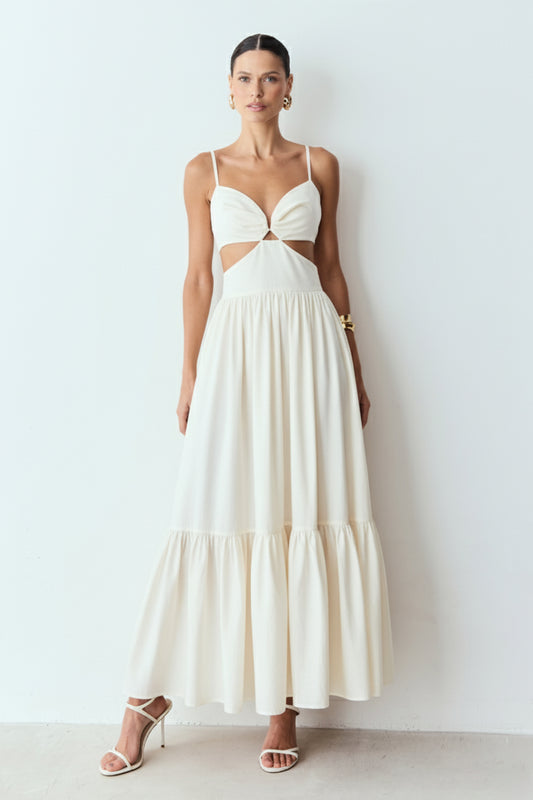 VESTIDO LONGO ABERTURA LATERAL COM RECORTE BUSTO OFF WHITE