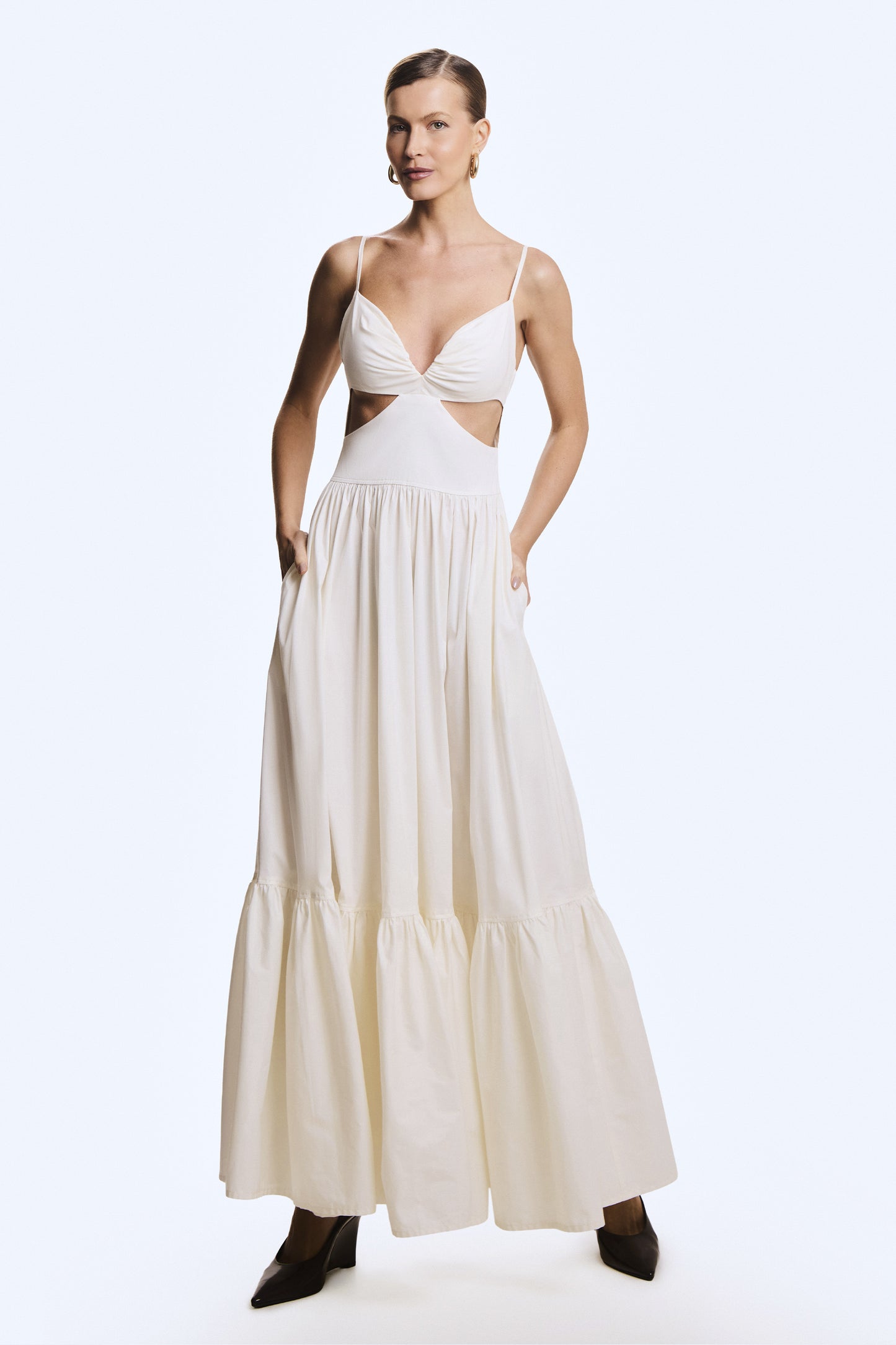VESTIDO LONGO ABERTURA LATERAL COM RECORTE BUSTO OFF WHITE