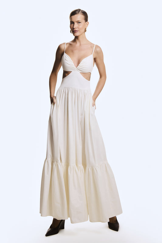 VESTIDO LONGO ABERTURA LATERAL COM RECORTE BUSTO OFF WHITE