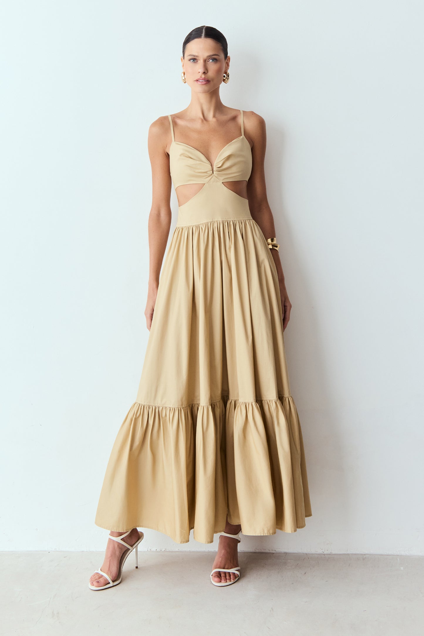 VESTIDO LONGO ABERTURA LATERAL COM RECORTE BUSTO BEGE MEL