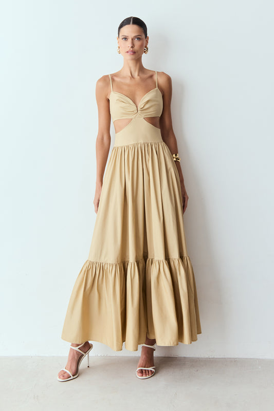 VESTIDO LONGO ABERTURA LATERAL COM RECORTE BUSTO BEGE MEL