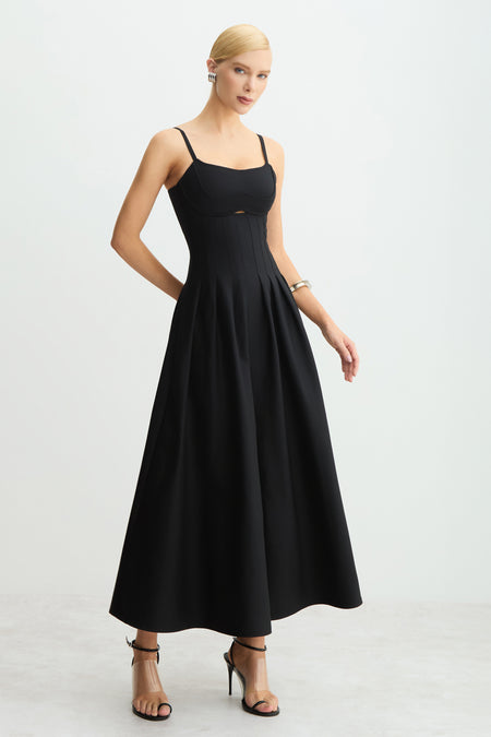 VESTIDO LONGO ACINTURADO PREGAS SAIA RECORTE BUSTO PRETO