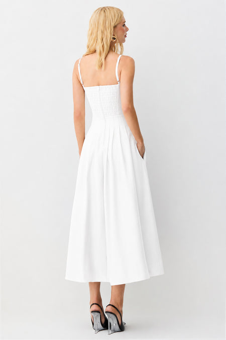 VESTIDO LONGO ACINTURADO PREGAS SAIA RECORTE BUSTO OFF WHITE