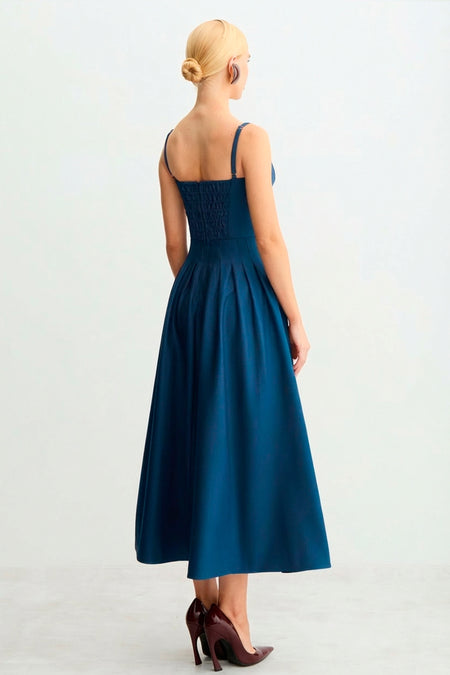 VESTIDO LONGO ACINTURADO PREGAS SAIA RECORTE BUSTO AZUL MARINHO