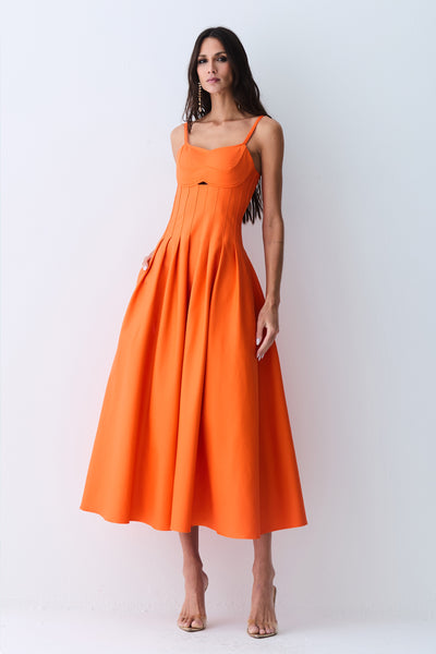 VESTIDO LONGO ACINTURADO PREGAS SAIA RECORTE BUSTO LARANJA TANGERINA