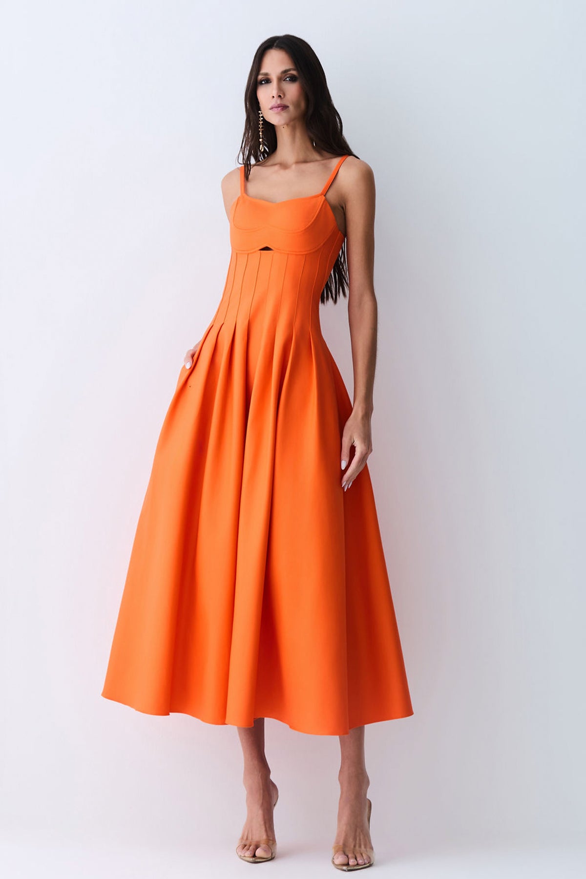 VESTIDO LONGO ACINTURADO PREGAS SAIA RECORTE BUSTO LARANJA TANGERINA