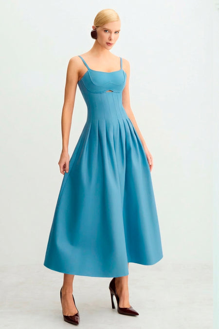 VESTIDO LONGO ACINTURADO PREGAS SAIA RECORTE BUSTO AZUL OCEANO