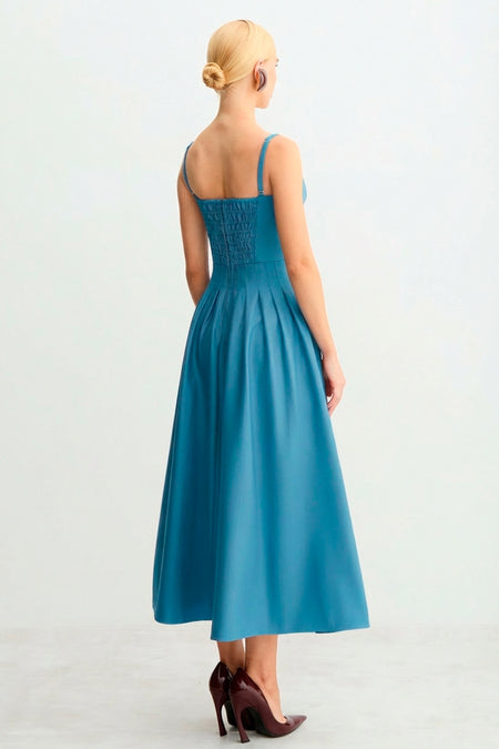 VESTIDO LONGO ACINTURADO PREGAS SAIA RECORTE BUSTO AZUL OCEANO